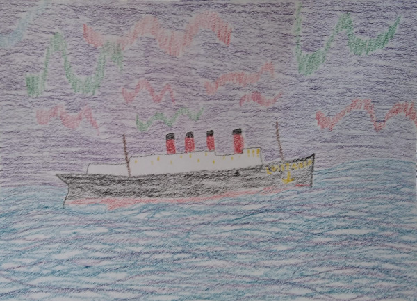 A drawing of the Lusitania under northern lights