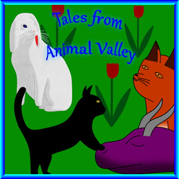 A picture of a kitten, a dragon, a fox and a bunny in a meadow. The text says "Tales from Animal Valley" in blue and glows blue. This is extra visible on the white bunny. The picture has a blue and cyan frame.