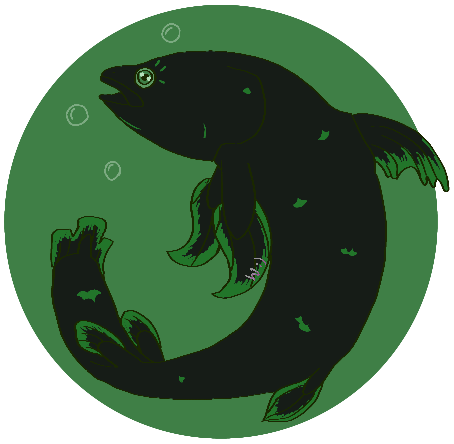 A silouette of a coelacanth on a green background