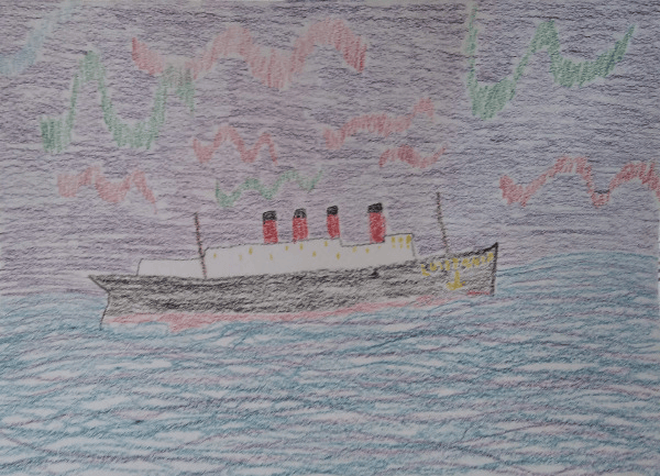 A traditional drawing of a ship out at sea, under the northern lights. The ship is moving towards the east. Her nameplate says "Lusitania".